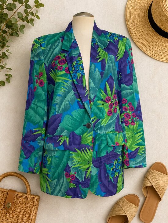 Liz Claiborne Collection Jackets & Blazers - Vintage Liz Claiborne Collection Tropical Linen Blazer Floral Palm Print Women's